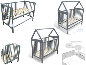 Kinderbett - Beistellbett - Babybett Haus 120x60cm mit Gurt und Rädern grau