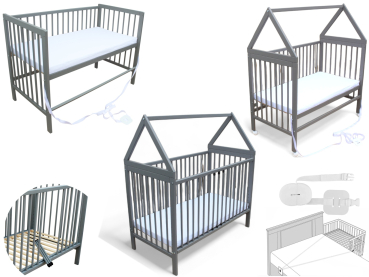 Kinderbett - Beistellbett - Babybett Haus 120x60cm mit Matratze Gurt und Rädern grau