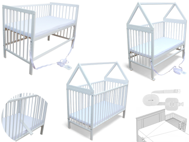 Kinderbett - Beistellbett - Babybett Haus 120x60cm mit Matratze Gurt und Rädern weiss