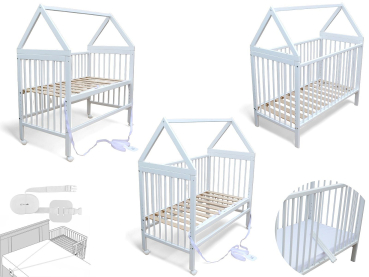 Kinderbett - Beistellbett - Babybett Haus 120x60cm mit Gurt und Rädern weiss