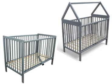 Kinderbett - Beistellbett - Babybett Haus 120x60cm mit Gurt und Rädern grau