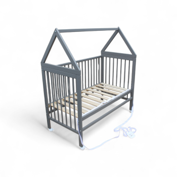 Preview: Kinderbett - Beistellbett - Babybett Haus 120x60cm mit Gurt und Rädern grau