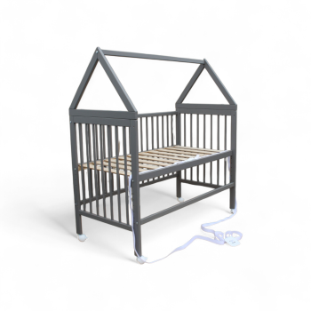 Kinderbett - Beistellbett - Babybett Haus 120x60cm mit Gurt und Rädern grau