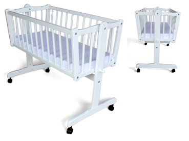 Wiege - Stubenwagen - Babywiege mit Feststellfunktion Kiefer massiv mit Matratze weiss