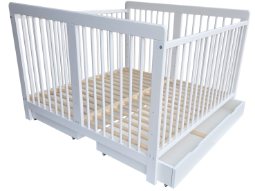 Preview: Zwillingsbett Kinderbett für Zwillinge 2in1 massiv weiß mit 2 Schubladen und Trenngitter 120x120cm