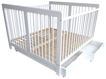 Preview: Zwillingsbett Kinderbett für Zwillinge 2in1 massiv weiß mit 2 Schubladen und Trenngitter 120x120cm