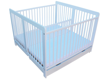 Zwillingsbett Kinderbett für Zwillinge 2in1 massiv weiß mit 2 Schubladen, Matratzen und Trenngitter 120x120cm