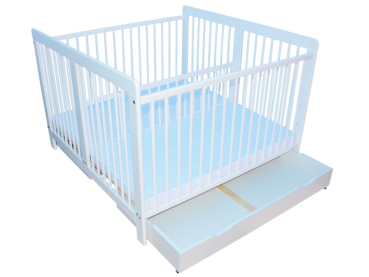 Zwillingsbett Kinderbett für Zwillinge 2in1 massiv weiß mit 2 Schubladen, Matratzen und Trenngitter 120x120cm