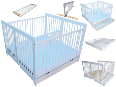 Zwillingsbett Kinderbett für Zwillinge 2in1 massiv weiß mit 2 Schubladen, Matratzen und Trenngitter 120x120cm