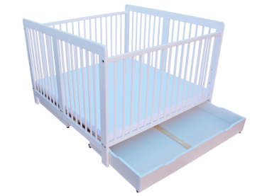 Preview: Zwillingsbett Kinderbett für Zwillinge 2in1 massiv weiß mit 2 Schubladen und Matratzen 120x120cm