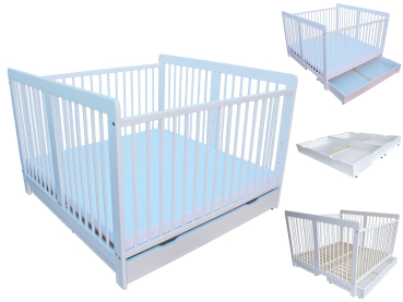 Zwillingsbett Kinderbett für Zwillinge 2in1 massiv weiß mit 2 Schubladen und Matratzen 120x120cm