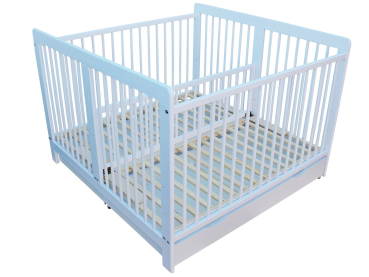 Preview: Zwillingsbett Kinderbett für Zwillinge 2in1 massiv weiß mit 2 Schubladen und Trenngitter 120x120cm