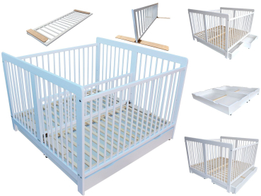 Zwillingsbett Kinderbett für Zwillinge 2in1 massiv weiß mit 2 Schubladen und Trenngitter 120x120cm