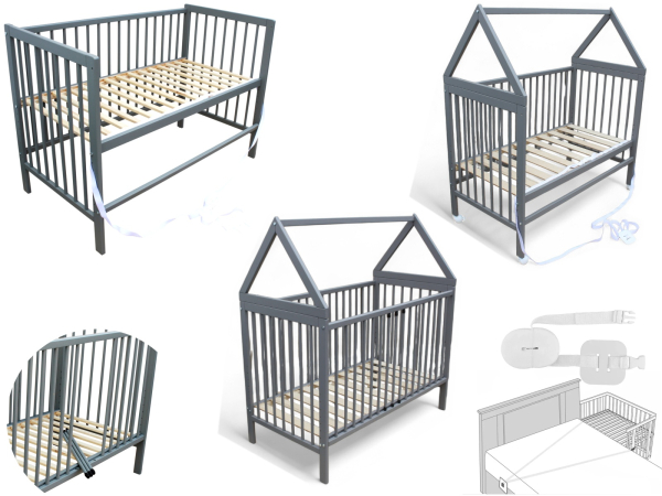 Kinderbett - Beistellbett - Babybett Haus 120x60cm mit Gurt und Rädern grau