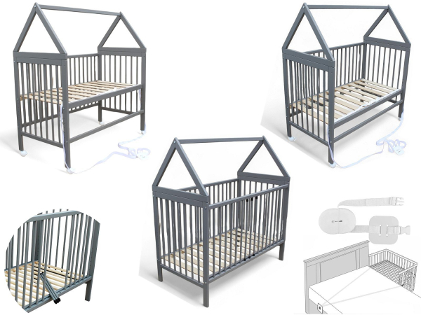 Kinderbett - Beistellbett - Babybett Haus 120x60cm mit Gurt und Rädern grau