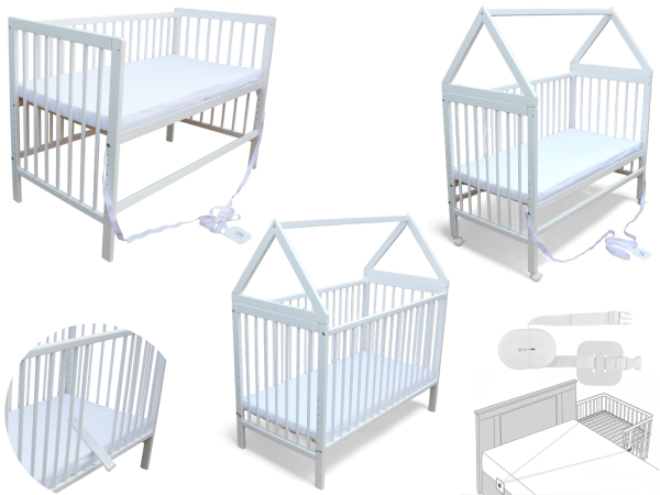 Kinderbett - Beistellbett - Babybett Haus 120x60cm mit Matratze Gurt und Rädern weiss