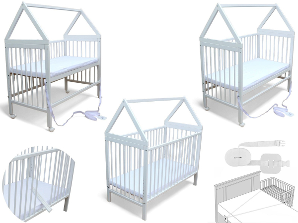 Kinderbett - Beistellbett - Babybett Haus 120x60cm mit Matratze Gurt und Rädern weiss
