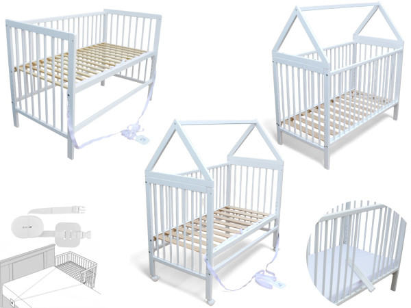 Kinderbett - Beistellbett - Babybett Haus 120x60cm mit Gurt und Rädern weiss