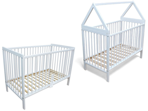 Kinderbett - Beistellbett - Babybett Haus 120x60cm mit Gurt und Rädern weiss