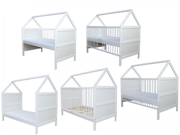 Babybett Kinderbett Juniorbett Bett Haus 140x70 cm umbaubar mit Matratze weiss