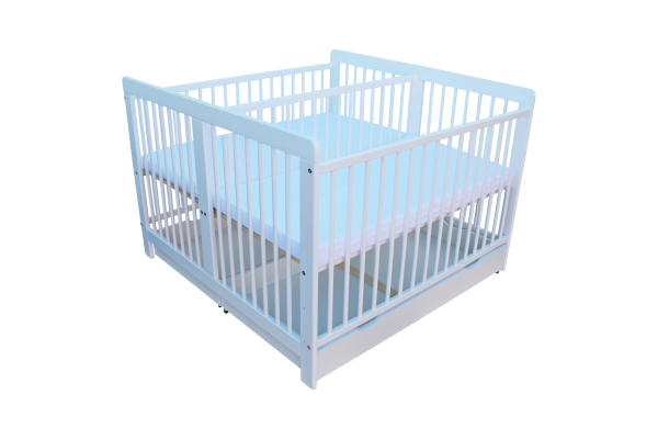 Zwillingsbett Kinderbett für Zwillinge 2in1 massiv weiß mit 2 Schubladen und Trenngitter 120x120cm