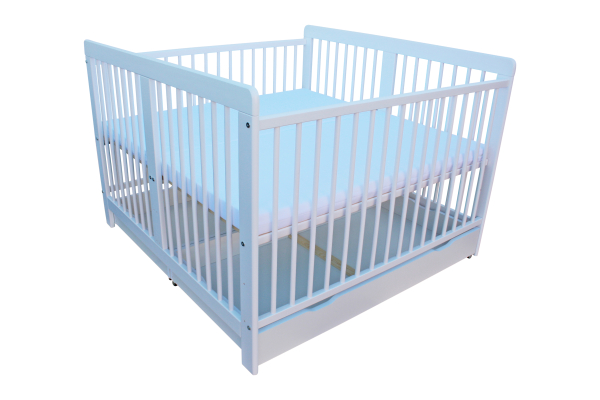 Zwillingsbett Kinderbett für Zwillinge 2in1 massiv weiß mit 2 Schubladen und Matratzen 120x120cm