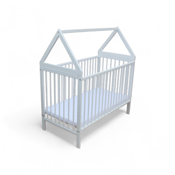 Kinderbett - Beistellbett - Babybett Haus 120x60cm mit Matratze Gurt und Rädern weiss