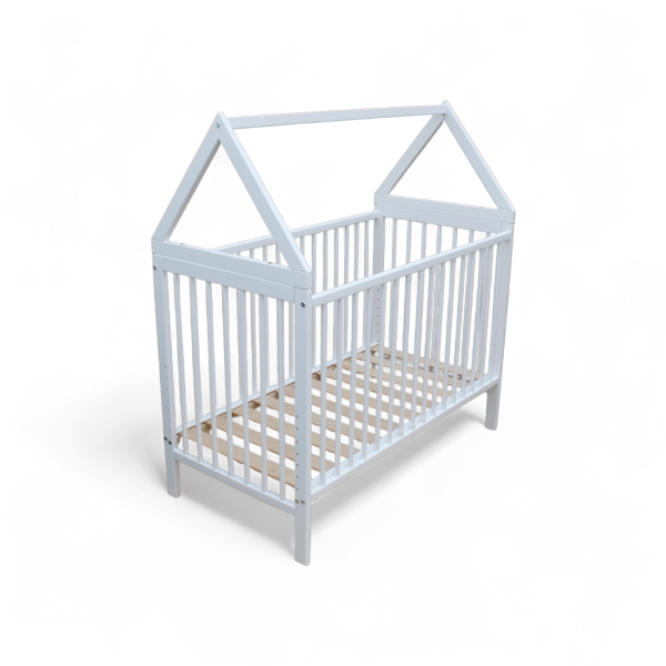 Kinderbett - Beistellbett - Babybett Haus 120x60cm mit Gurt und Rädern weiss