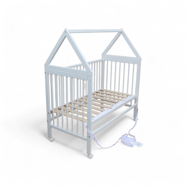 Kinderbett - Beistellbett - Babybett Haus 120x60cm mit Gurt und Rädern weiss