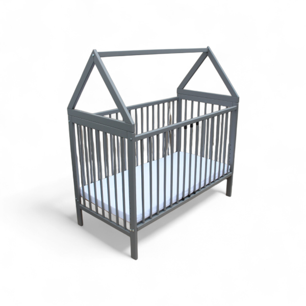 Kinderbett - Beistellbett - Babybett Haus 120x60cm mit Matratze Gurt und Rädern grau