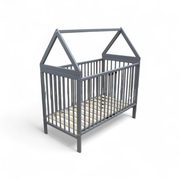 Kinderbett - Beistellbett - Babybett Haus 120x60cm mit Gurt und Rädern grau