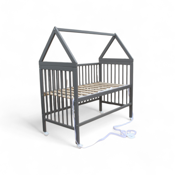 Kinderbett - Beistellbett - Babybett Haus 120x60cm mit Gurt und Rädern grau